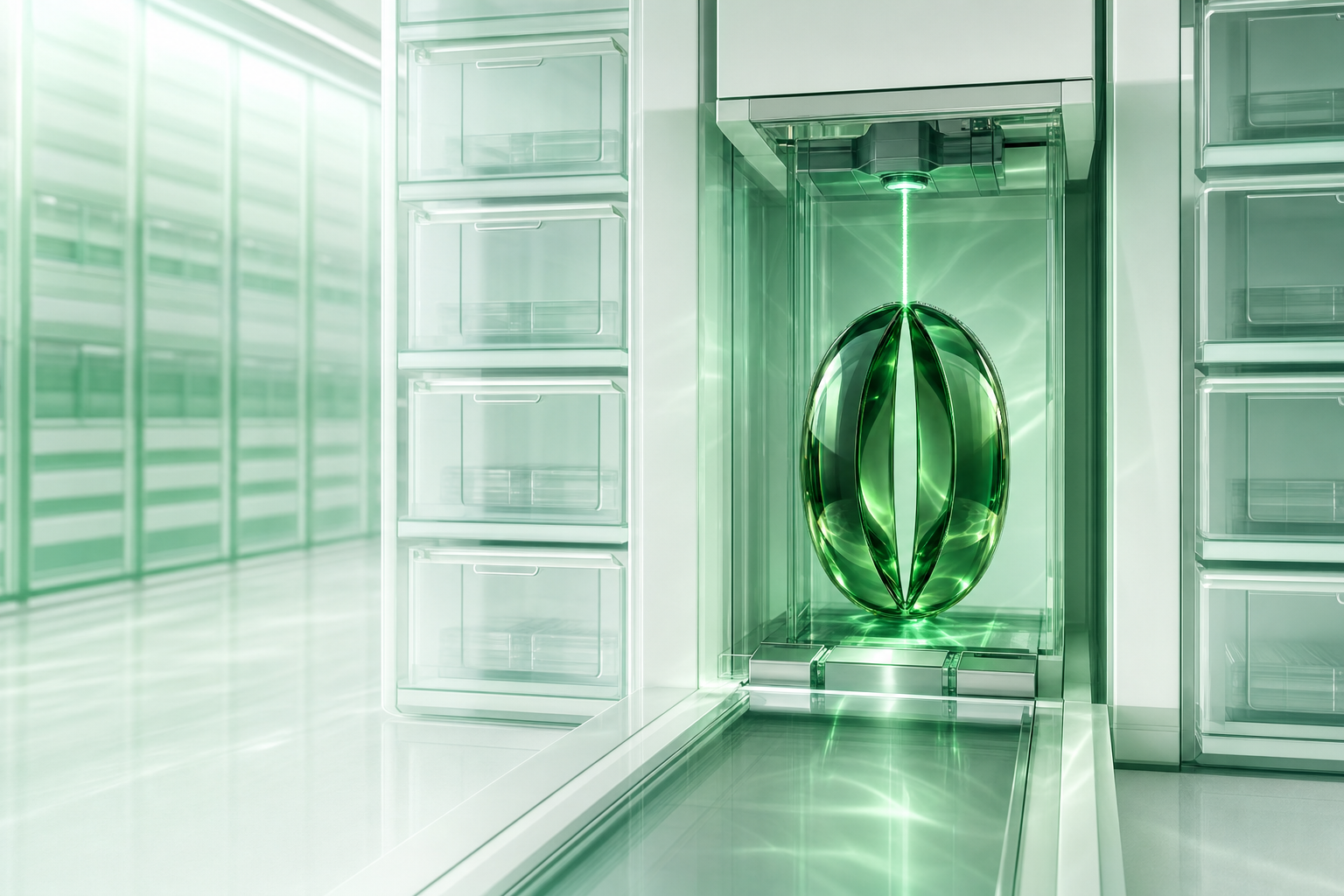 The glass capsule held inside a vault of sealed drawers, a single beam opening above it