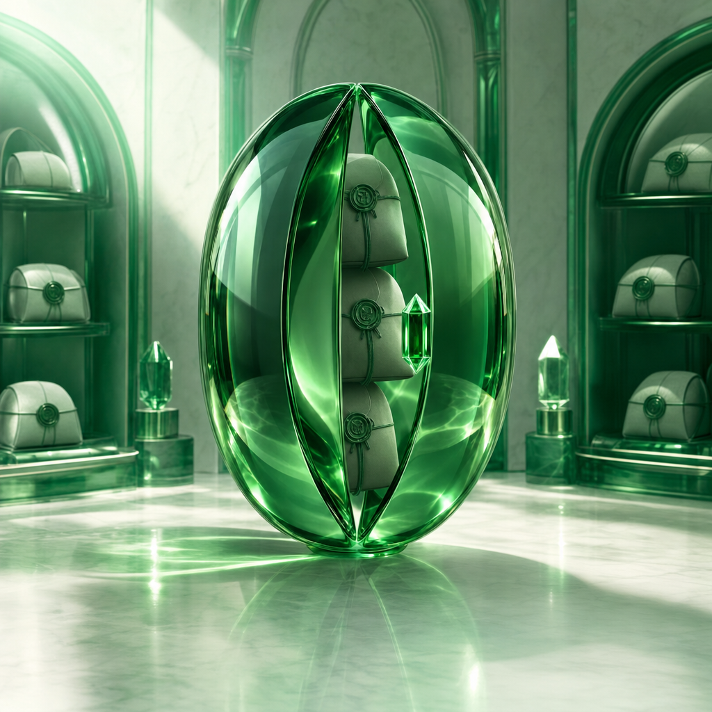 The capsule standing in an emerald gallery, sealed parcels resting inside it